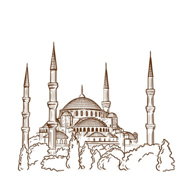 İstanbul 'da Mavi Cami' nin çizimi. Türk Turist Cazibesi tasarım elemanları. Vektör İllüstrasyonu