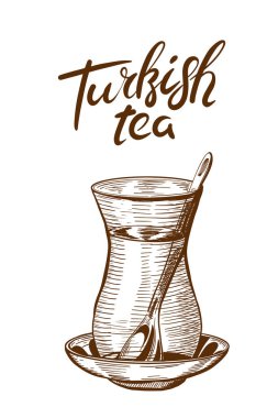 Bir bardak Türk Çayı 'nın el çizimleri. İstanbul 'un Gastro Sembolleri ve Türk Çayı. Vektör illüstrasyonu.