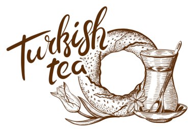Bir bardak Türk çayı ve simit 'in el çizimleri. Üzerinde Türk Çayı yazan İstanbul 'un Gıda Sembolleri. Vektör illüstrasyonu.