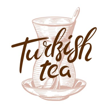 Bir bardak Türk Çayı 'nın el çizimleri. İstanbul 'un Gastro Sembolleri ve Türk Çayı. Vektör illüstrasyonu.