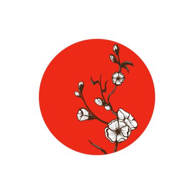 Sakura çiçeğinin kırmızı daire ve geometrik formlara karşı vektör çizimi. Moda minimalist poster tasarımı. Bahar mevsimi poster tasarım elementi.