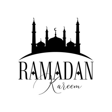 Ramazan Kareem Vektör Etiketi İllüstrasyonu. Cami ve Hilal Ay 'ın silueti ve Ramazan Kareem' i selamlama metni. Geleneksel İslami Semboller.
