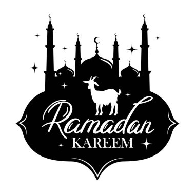 Ramazan Kareem Vektör Etiketi İllüstrasyonu. Cami ve Hilal Ay 'ın silueti ve Ramazan Kareem' i selamlama metni. Geleneksel İslami Semboller.