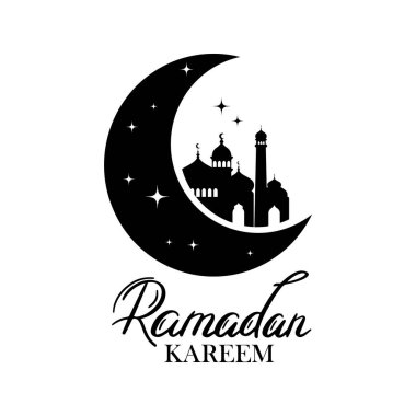 Ramazan Kareem Vektör Etiketi İllüstrasyonu. Cami ve Hilal Ay 'ın silueti ve Ramazan Kareem' i selamlama metni. Geleneksel İslami Semboller.