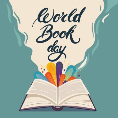 Dünya Kitap Günü Vektör İllüstrasyonu. Uluslararası Kitap Festivali 'ne El Yazması Mektuplar. Kitap resimlerini aç