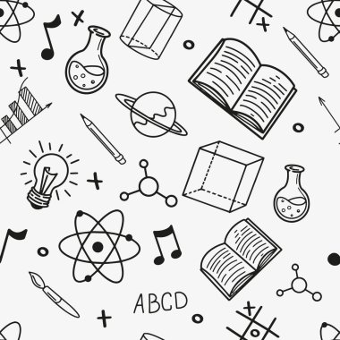 Tasarım elementlerinin kusursuz örüntüsü kitabına, laboratuvar matarası geometri figürlerine karalama tarzında geri dönelim. Siyah ve beyaz vektör çizimi.