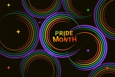 Pride design concept. LGBT Abstract background with Symbols and geometric forms in rainbow colors against black background. Rainbow community poster for LGBT History Month.