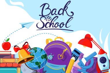 Okul tasarım konseptine dönersek, popüler okul malzemeleri sırt çantasının üstünde havada asılı duruyor, karalanmış bir kağıdın arka planına el karalamalar çiziliyor. Selamlama metni Okul harf vektör illüstrasyonuna geri dönüyor.