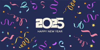 2025 'in Yaratıcı Tasarımı Mutlu Yeni Yıl Kutlama Kavramı, Renkli konfeti çeşitliliği ve 2025 Logo metin tasarımı