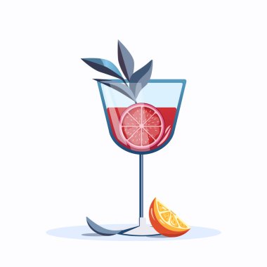 Tropik kokteyl vektör çizimi. Beyaz arka planda bir bardak alkol kokteyli, yanında da limon dilimleri. Yaz Kokteyli vektör tasarım elementi