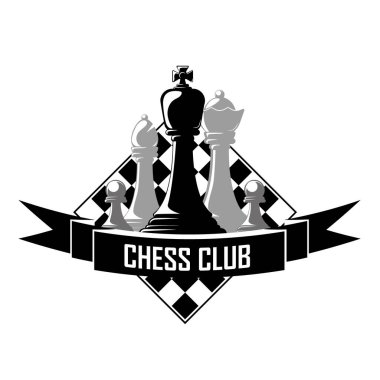 Satranç Kulübü amblemi. Satranç taşları vezir, fil, at, kale ve piyon taşları ve beyaz üzerine satranç tahtasıdır. Vektör İllüstrasyonu.