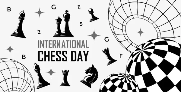 stock vector International Chess Day Poster Template using y2k elements, surreal geometric shapes, and Chess pieces, Knight, Queen, King and Pawn. Vector Illustration.