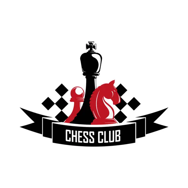 Stock vector Chess Club emblem concept. Chess pieces king, knight and pawn pieces, on a white. Black and white vector illustration. Vector Illustration.