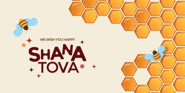 Mutlu Rosh Hashanah, Yahudi Yeni Yıl Kutlama Kartı ya da afiş şablonu. Bal kavanozu, elma ve bal tarağı geleneksel Yahudi Yeni Yılı sembolleri