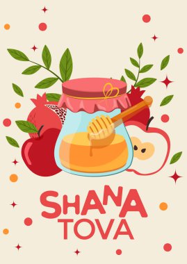 Mutlu Rosh Hashanah, Yahudi Yeni Yıl Kutlama Kartı ya da afiş şablonu. Bal kavanozu, elma ve bal tarağı geleneksel Yahudi Yeni Yılı sembolleri