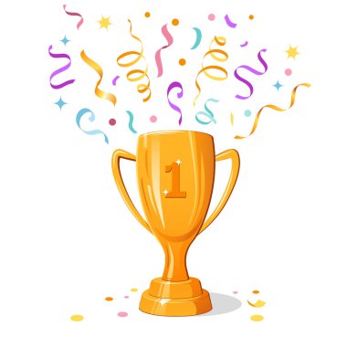 Altın Kupa ve Konfeti kupadan uçuyor. Beyaz arkaplanda Düz Vektör illüstrasyonu.