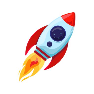 Roket Vektör İllüstrasyonu. Çizgi film uzay gemisi bir beyazın üzerinde izole edilmiş. Düz Vektör İllüstrasyonu.