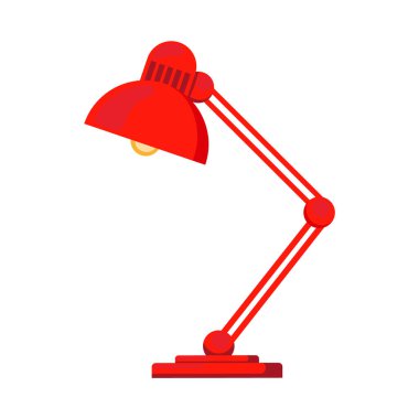 Kırmızı retro masa lambası ve bir ampul. Beyazlar üzerinde izole edilmiş tasarım öğesine geri dönüyoruz. Düz Vektör illüstrasyonu.