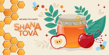 Shana Tova Rosh Hashanah, Yahudi Yeni Yıl kutlamaları kartı ya da afiş şablonu. Bal kavanozu, elma ve bal tarağı geleneksel Yahudi Yeni Yılı sembolleri
