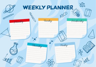 Okul zaman çizelgesi afiş şablonu ve dersler için çıkartma notları. Haftalık planlamacı ya da haftanın günlük programı. Popüler okul eşyaları ve sembollerle organizatör ayarla. Vektör İllüstrasyonu.