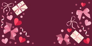 Happy Saint Valentines day banner vector layout with gifts, hearts, pink bows, and ribbons. Valentine Sale Campaign promotion. Vector Valentine illustration for greeting card. clipart