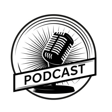 Podcast konsepti. Beyaz arka planda klasik Radyo Mikrofon ve Vektör minimalist illüstrasyon. Podcast logosu.