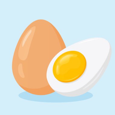 Tavuk Yumurta Vektörü illüstrasyonu. Dilimlenmiş haşlanmış yumurta ve kabuğundaki bütün yumurta. Sağlıklı Gıda, Protein Kahvaltı Çizimi.