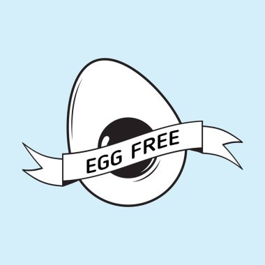Bedava yumurta konsepti. Tavuklu yumurta ve yumurtasız kelimelerin silueti. Alerji müşterileri için iyi. Ürün paketleme tasarımı için vektör işaretleri.