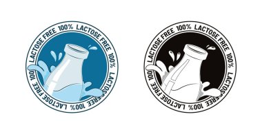 100 Percent Lactose Free Badge Design. Illustration Set with Milk Bottle Splash Elements Blue and Black Variations. Vector signs for product packaging design. clipart