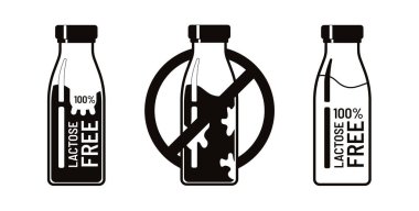 Lactose Free Bottle Icon Set. 100 percent Lactose Free Milk Label, No Lactose Symbol Black and White. Vector signs for product packaging design. clipart