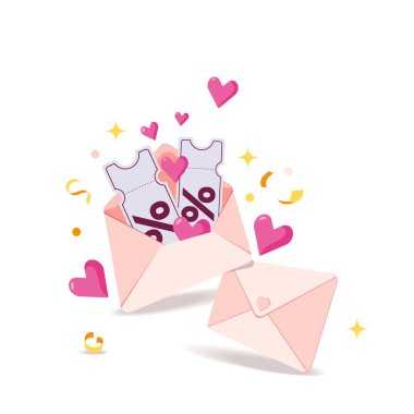 İndirim ikramiyesi kuponları, içinde Hearts ve Confetti olan bir Violet Hediye kutusu. Sevgililer Günü kuponu ve barkod online satış kampanyası konsepti. Tatil alışverişi için tasarım elementi.