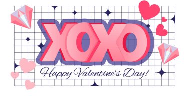 Y2k style Saint Valentines day banner layout with different geometric shapes. Valentine Sale promotion. 3d xoxo, hugs and kisses word against checkered background. clipart