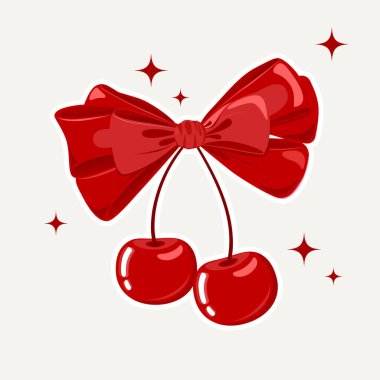 Tatlı kiraz meyveleri ve kırmızı fiyonklu romantik illüstrasyon. Coquette Style Design Element kurdelesi. Kiraz Vektörü İllüstrasyonu.