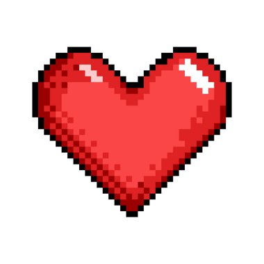 Aşk, Tutku ve güven sembolü, Pikselin Kalbi 8-bit oyun stili vektör çizimi. Sevgililer Günü için tasarım elementi, beyaz arkaplanda izole edilmiş.