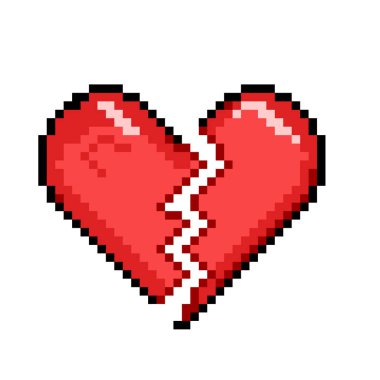 Aşk, Tutku ve güven sembolü, Kırık Pikselin Kalbi 8-bit oyun stili çizim. Sevgililer Günü için tasarım elementi, beyaz arkaplanda izole edilmiş.