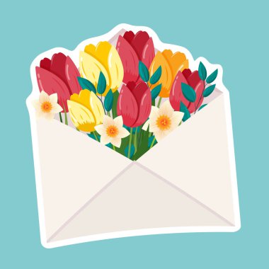 Lale ve nergis çiçekli bahar çiçekleri buketi. Kutlama Kartı Tasarımı. Etiketler, etiketler, tebrik kartları, tanıtım materyalleri için çizgi film Vektörü illüstrasyonu.