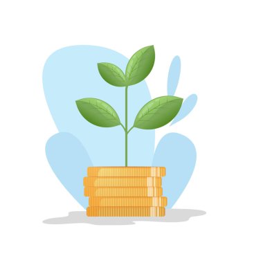 Yeşil bir bitkide yetişen altın paralar. Büyüme tasarrufu, akıllı yatırım ve pasif gelir kavramı. Para fabrikası resimleme yetiştiriyor.