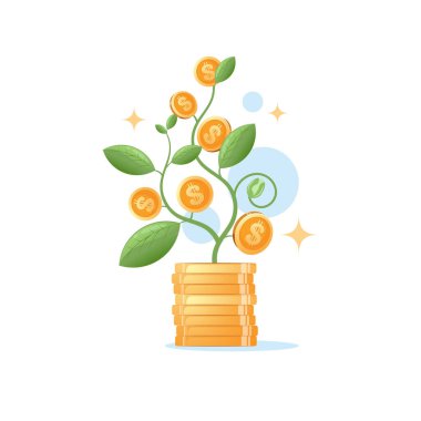 Yeşil bir bitkide yetişen altın paralar. Büyüme tasarrufu, akıllı yatırım ve pasif gelir kavramı. Para fabrikası resimleme yetiştiriyor.