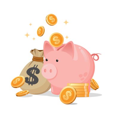 Üzerinde altın sikkeler olan Piggy Bank. Çocuklar için Tasarruf ve Finans kavramı. Çizgi film Kumbarası beyaz arka plana karşı