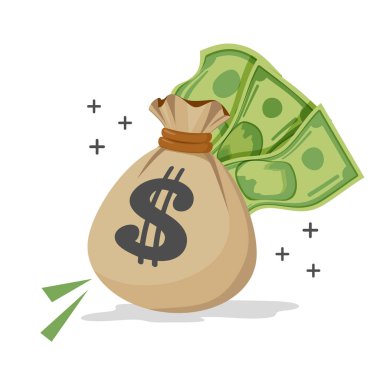 Nakit Tasarruf ve Kişisel Finans Konsepti. Dolar işaretli, banknotlu ve bozuk paralı kumaş çanta. Basit Düz Moda çizgi film vektör çizimi.