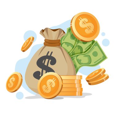 Nakit Tasarruf ve Kişisel Finans Konsepti. Dolar işaretli, banknotlu ve bozuk paralı kumaş çanta. Basit Düz Moda çizgi film vektör çizimi.