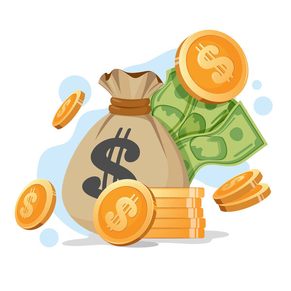 Концепция сбережений и личных финансов. Сумка из ткани с табличкой доллара, банкнотами и монетами. Простая модная мультипликационная векторная иллюстрация.