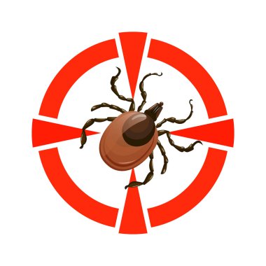 Akarlara karşı uyarı işareti. Kırmızı daire işareti ve tehlikeli Lyme kenesi. Beyaz arkaplana karşı tehlike uyarısı işareti çizimi