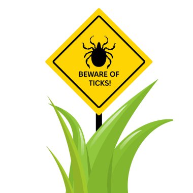 Akarlara karşı uyarı işareti. Kene silueti ve uyarı cümlesiyle sarı işaret. Tehlike uyarısı işareti vektör çizimi