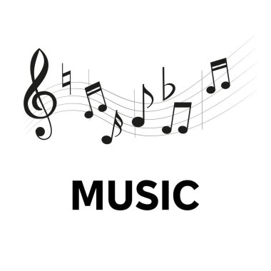 Beyaz arka planda izole edilmiş dalgalı çizgilerdeki notalar. Müzik festivali, poster veya el ilanı için vektör tasarımı ögesi.