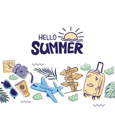 Merhaba Summer konsept geçmişi. El işi koleksiyonu, yaz, tatil ve seyahat ikonları naif bir şekilde çizildi. Yaz tatili konseptinin vektör illüstrasyonu.