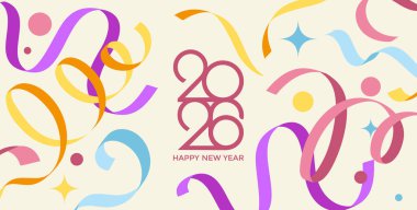 2026 'nın Yaratıcı Tasarımı Mutlu Yeni Yıl Kutlama Kavramı, Renkli konfeti çeşitliliği ve 2026 Logo metin tasarımı