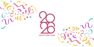 2026 'nın Yaratıcı Tasarımı Mutlu Yeni Yıl Kutlama Kavramı, Renkli konfeti çeşitliliği ve 2026 Logo metin tasarımı