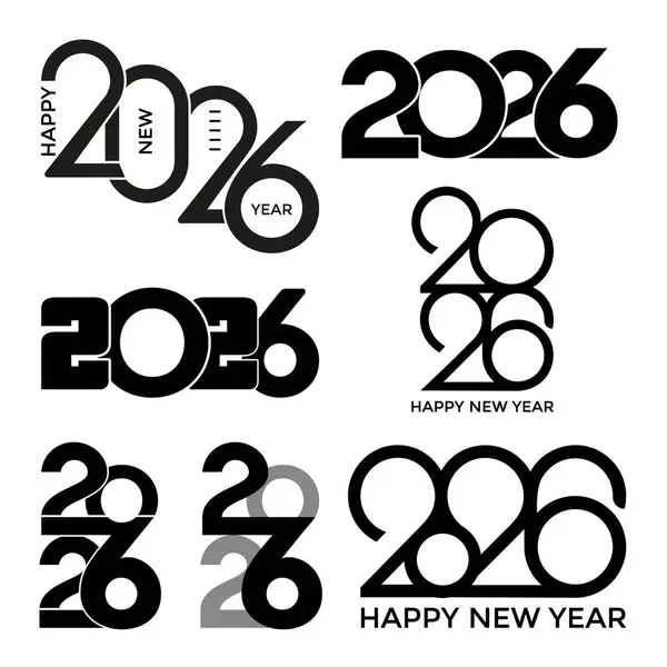 Mutlu yıllar 2026 tasarım şablonları. 2026 Yıllık Pul Tasarımı beyaza karşı siyah renkli. Yeni Yıl Şenliğine Vektör Minimalist Tasarımı.