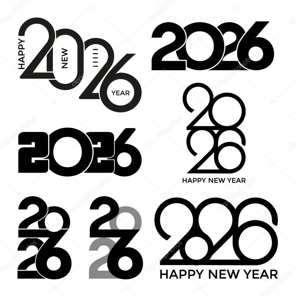 Set of Happy New Year 2026 design templates. 2026 Year Stamp Design in black color against white. Vector Minimalist Design to New Year Festive.